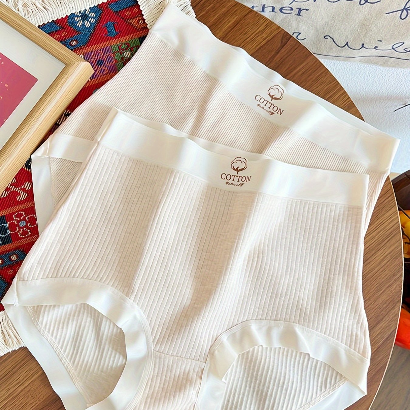 Women's Plus Size High Waist Cotton Briefs with Letter Print Ribbed Stretchy Fabric 2 Pack