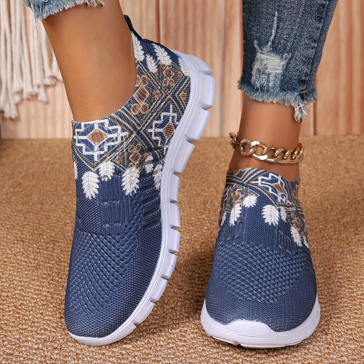Women's Blue Knit Fabric Slip-On Sneakers with White Floral Patterns and EVA Sole
