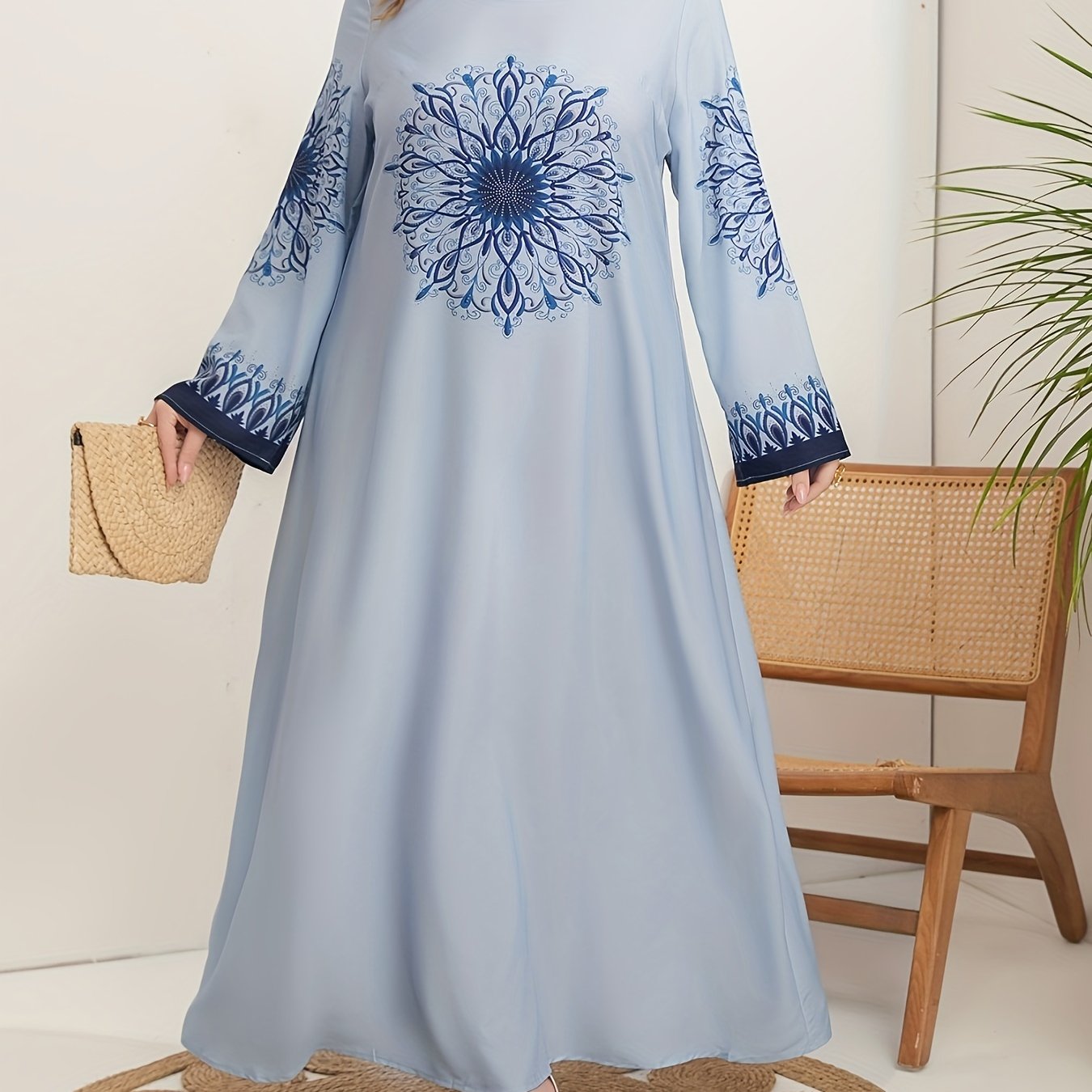 Women's Blue Floral Print Loose Fit Long Sleeve Dress All-Season Casual