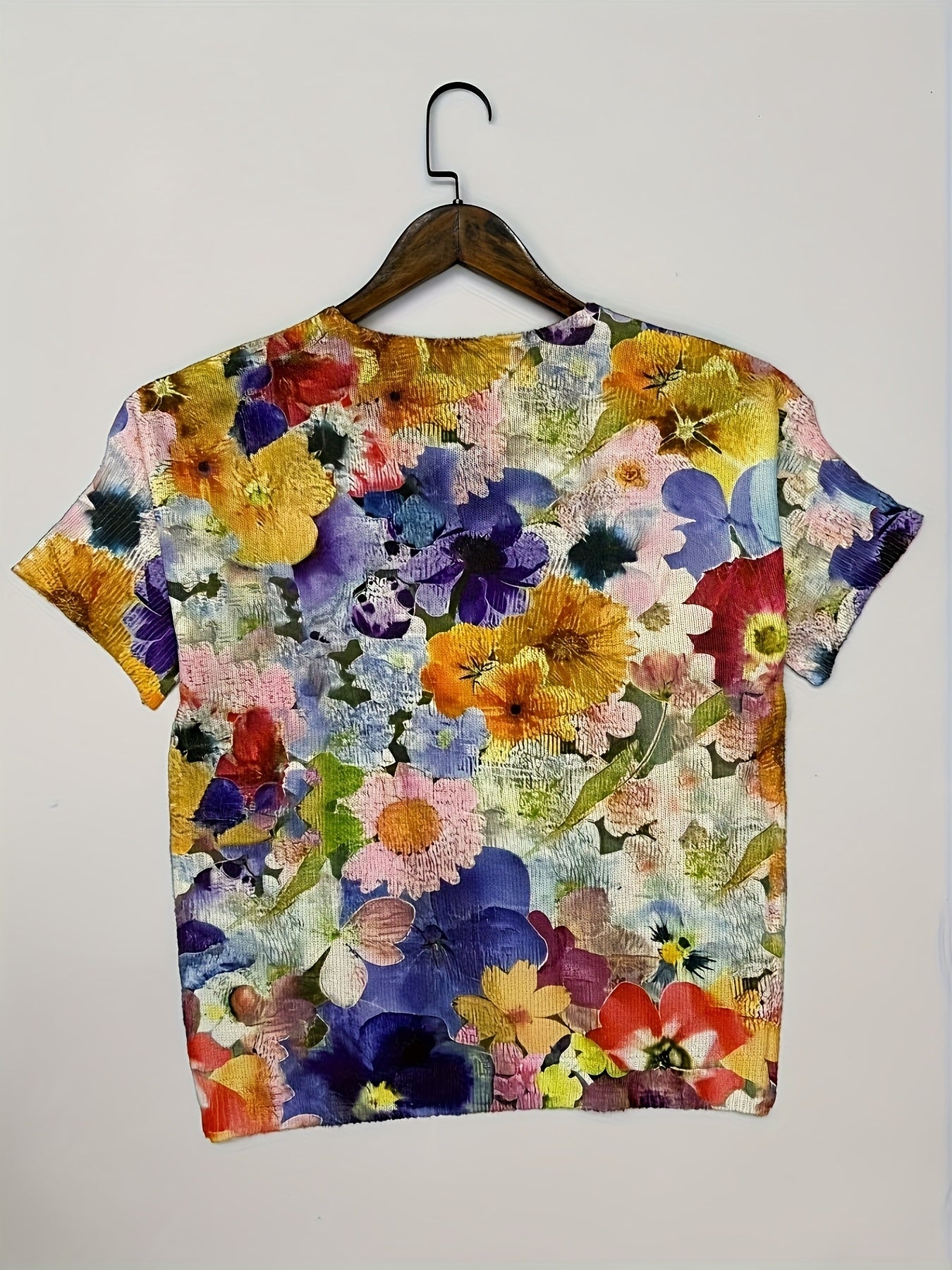 Women's Floral V-Neck Top Medium Sleeve Pullover Plus Size for Spring Summer Fall