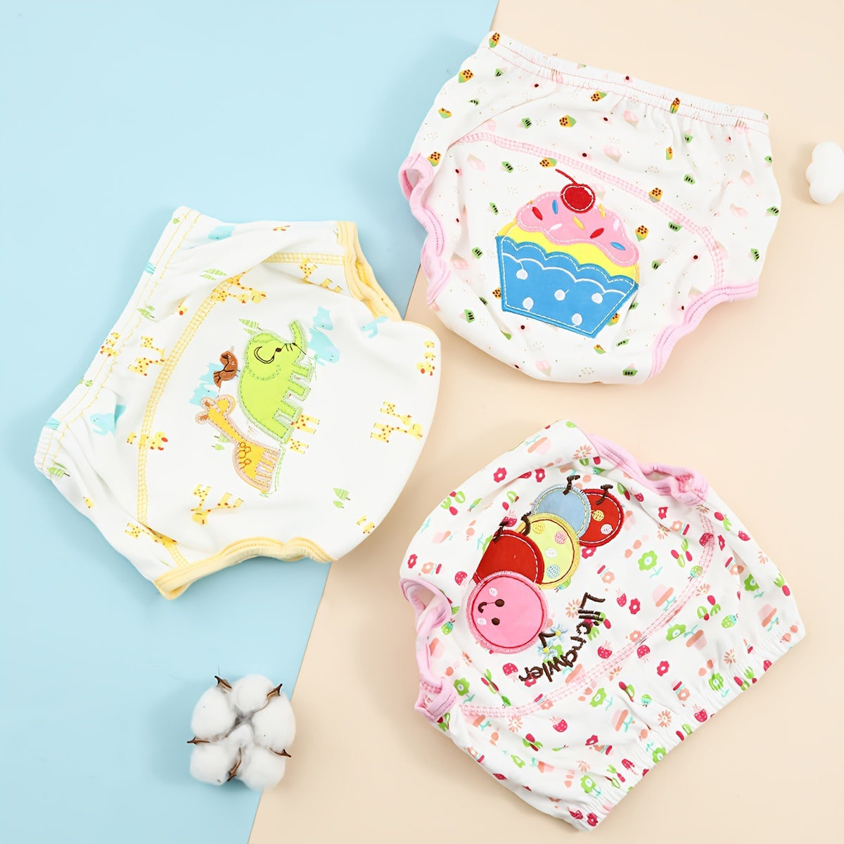 Juego de 3 pantalones de entrenamiento lavables con dibujos animados y patrones de animales para niños pequeños