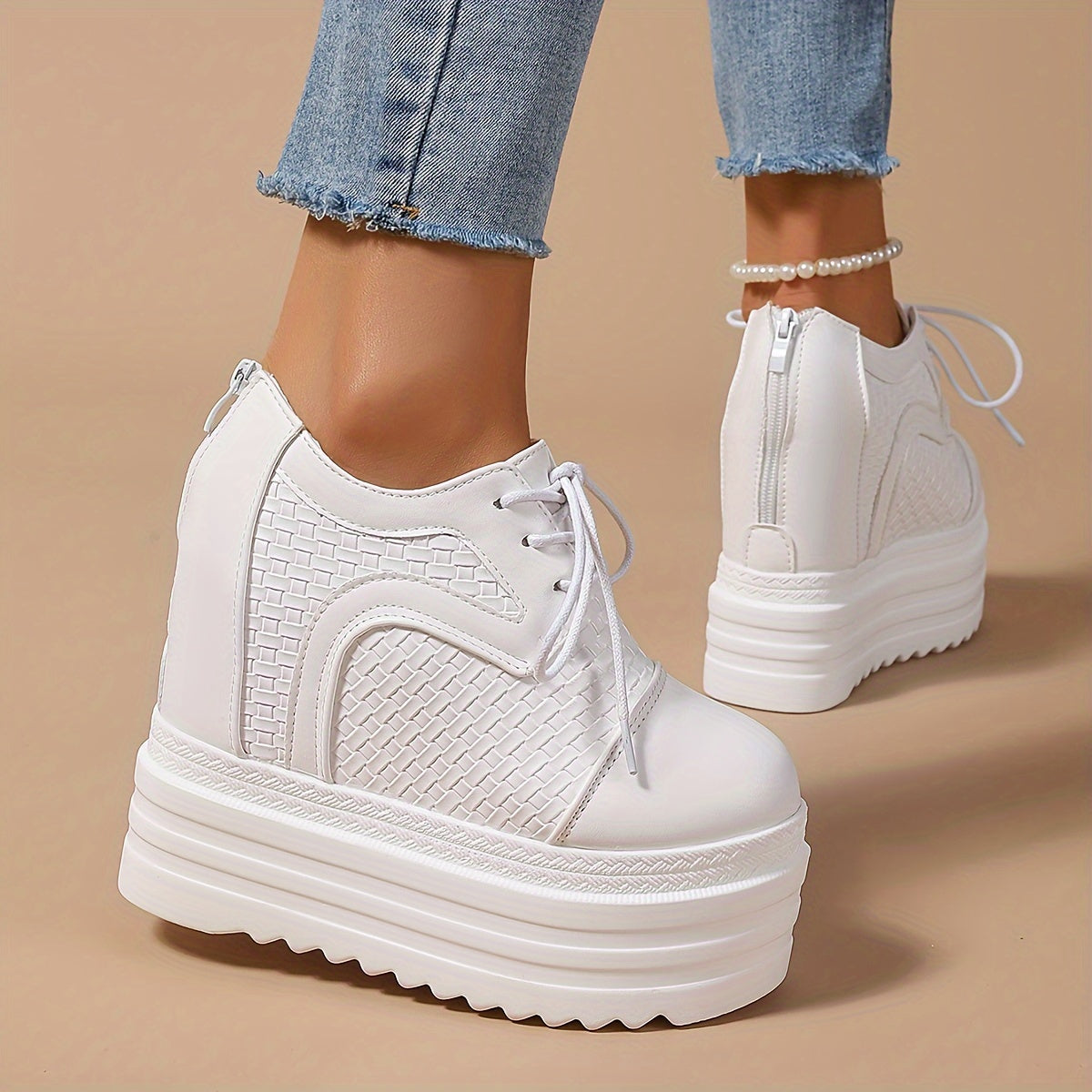 Zapatillas de PU transpirables para mujer con plataforma de tacón de 12cm, zapatos casuales