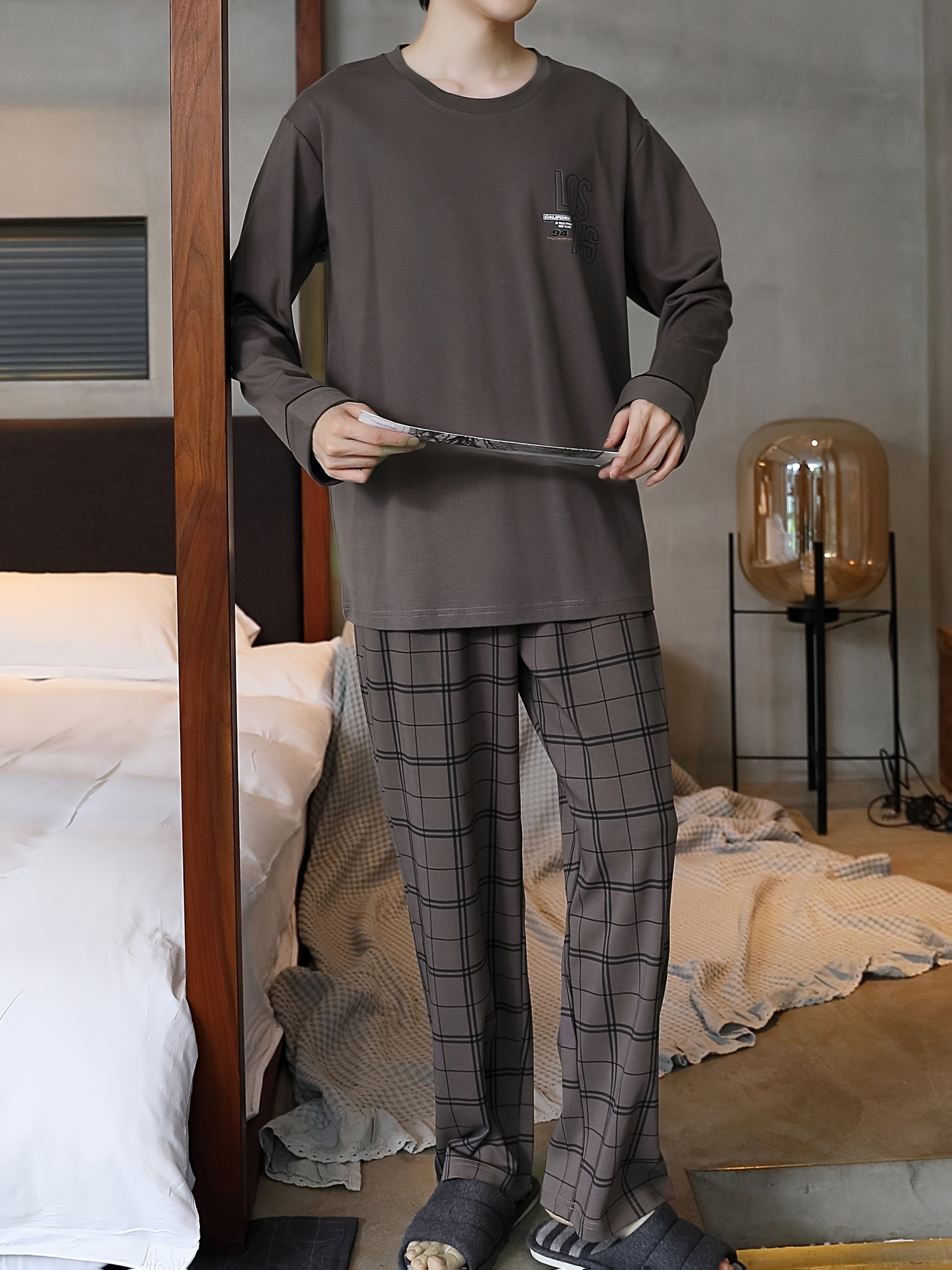 Men's Plaid Pajama Set Polyester Knit Long Sleeve Crew Neck Sleepwear Loungewear
