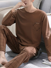 Men's Casual Pajama Set Long Sleeve Crew Neck Top Plaid Pants with Pockets Polyester Blend