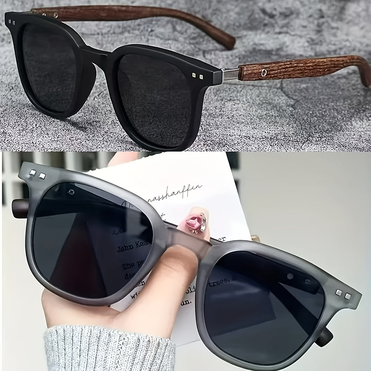 Ретро квадратные очки, 2 штуки в упаковке, унисекс, пластиковая оправа с деревянной текстурой на дужках, антибликовые линзы, декоративные очки для пляжа и путешествий.