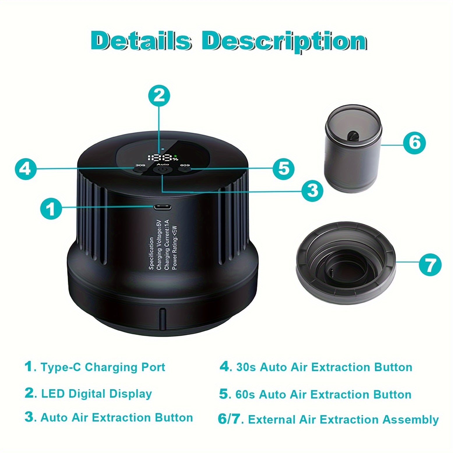 3-in-1 Mason Jar Vacuum Sealer Kit Portativ Elektrik Qopqoq Yopish Mashinasi uchun Bankalar USB Qayta Zaryadlash mumkin