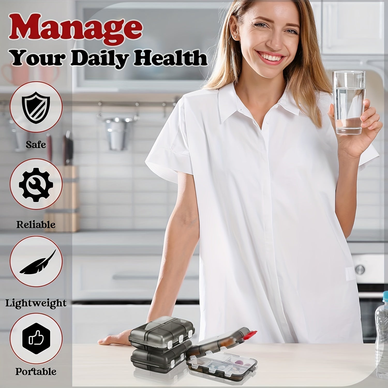 Organizador de pastillas de doble capa con 10 compartimentos y tapas individuales para viajes