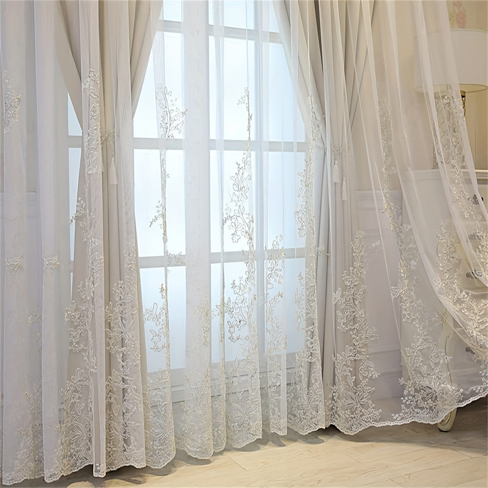 Double Layer Embroidery Curtain with Lace Grommet Top for Bedroom or Living Room Window Treatment