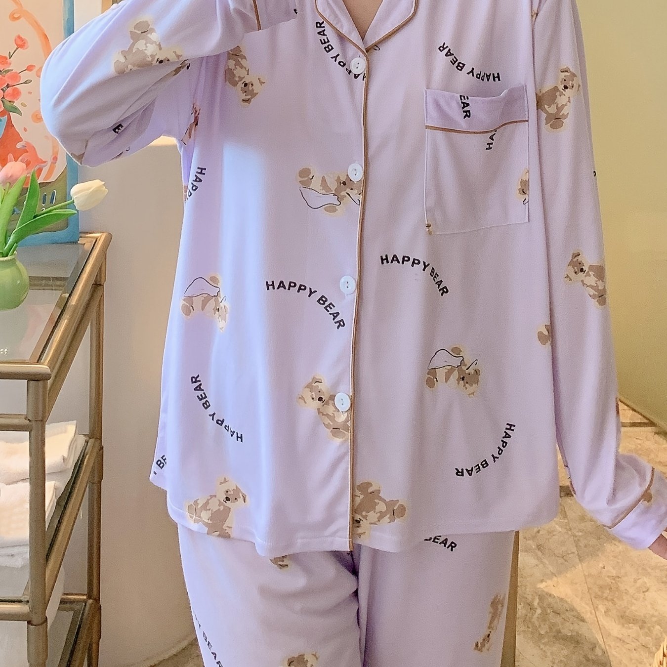 Women's Cartoon Bear Print Pajama Set Long Sleeve Blouse and Elastic Waist Pants