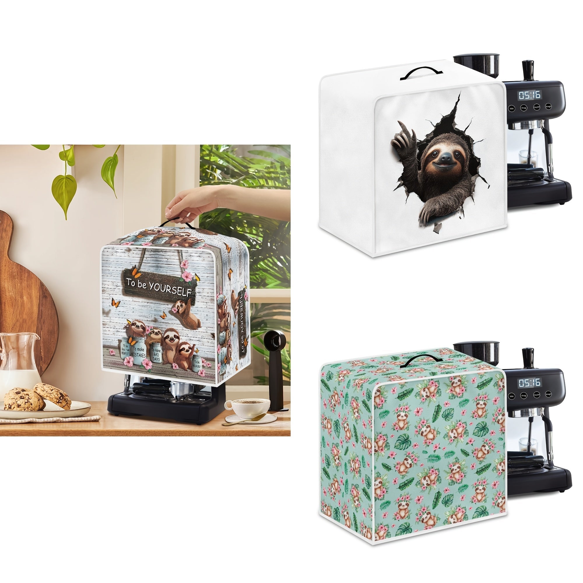 Washable Coffee Machine Cover with Sloth and Butterfly Design Soft Fabric Dust Protector for Small Kitchen Appliances