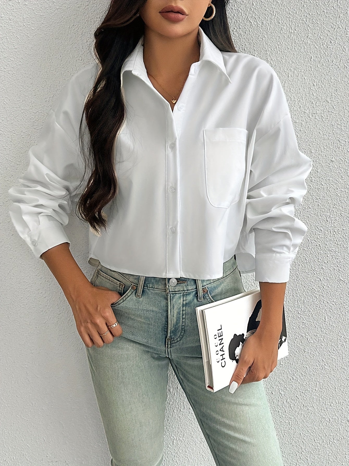 Women's White Casual Shirt Drop Shoulder Long Sleeve Short Style with Pocket Polyester