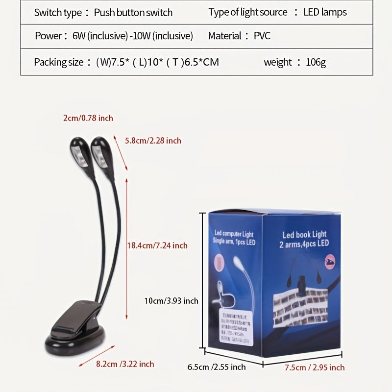 USB va AAA quvvatlangan LED klip-on kitob chirog'i, 4 ta yorqinlik darajasi bilan, kitob ixlosmandlari, pianinochilar, yoshlar, sayohatchilar uchun mukammal.