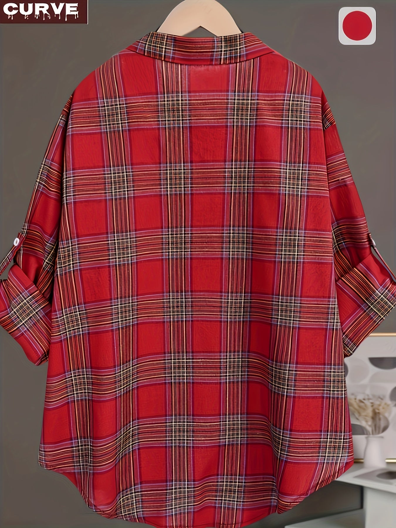 Women's Plus Size Plaid Long Sleeve Crew Neck Pullover Shirt Polyester Regular Fit with Button Details