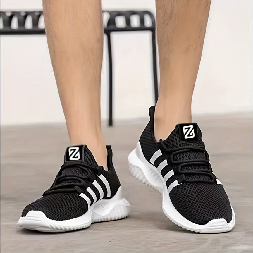 Men's Breathable Striped Mesh Running Shoes Non-Slip Lace-Up Sneakers for Outdoor Activities