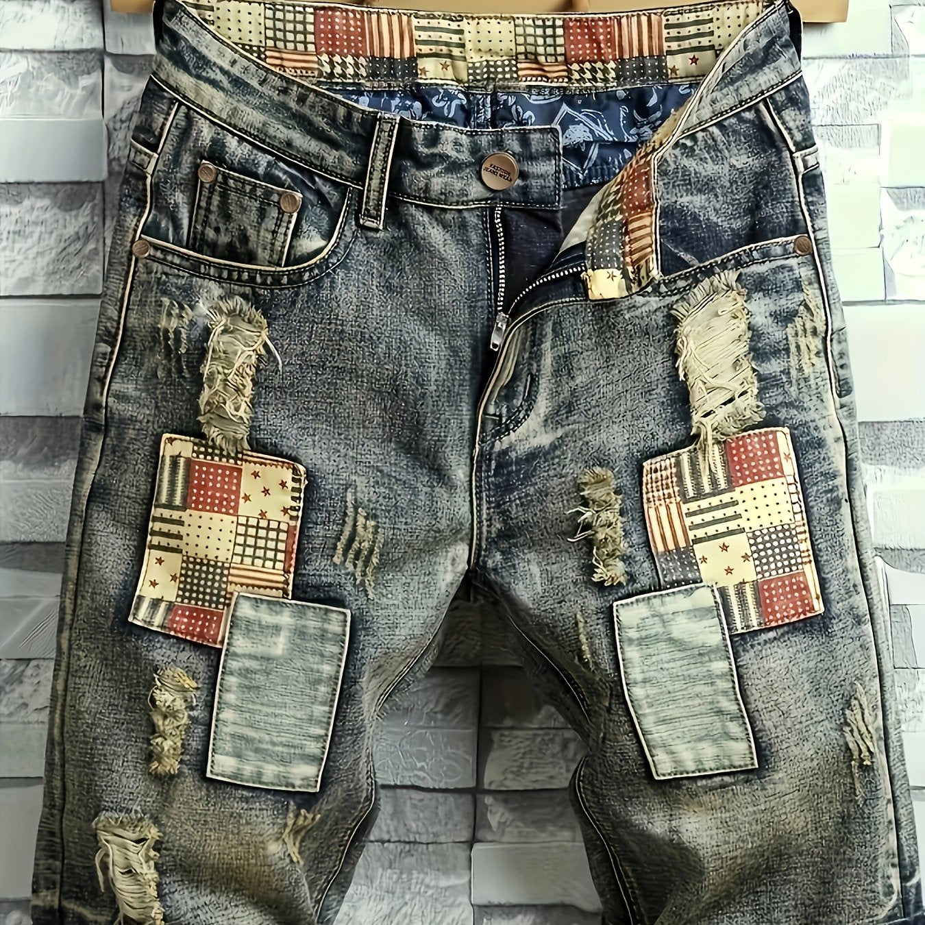 Men's Denim Shorts Ripped Distressed Cotton Blend Regular Fit Summer Street Style