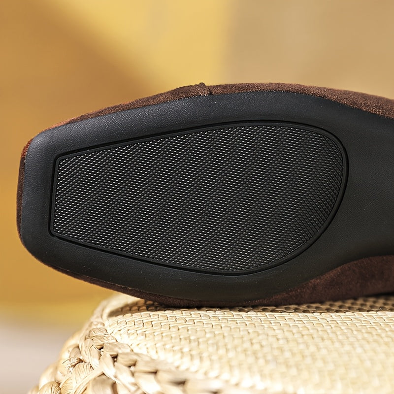 Women's Faux Leather Mid-Heel Boots with Rhinestone Buckle and Zipper