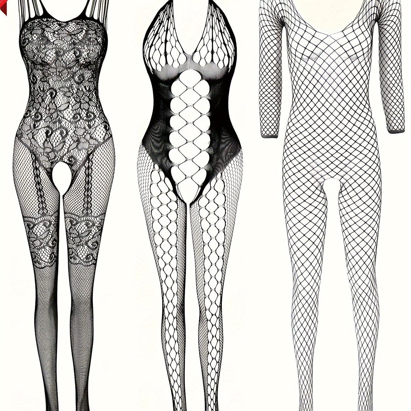 Women's Black Fishnet Lingerie Set Bodysuit with Open Crotch for Date Nights and Parties