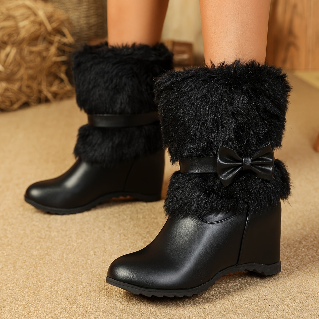 Women's Plush Winter Boots - Slip-On Mid-Calf Riding Shoes with Thick Sole