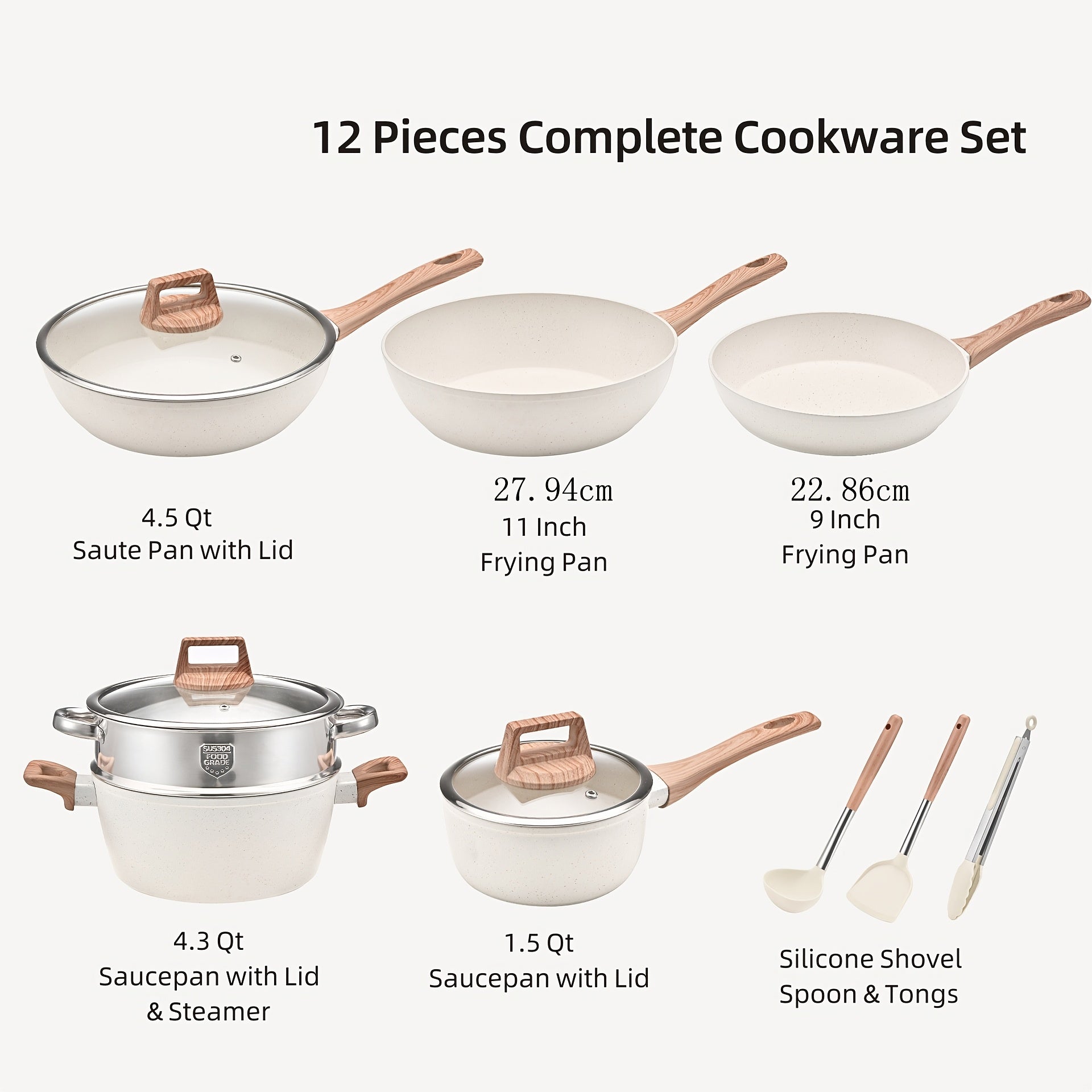 Aluminum Cookware Set 12 Pieces with Frying Pan Wok Soup Pots Wooden Handles