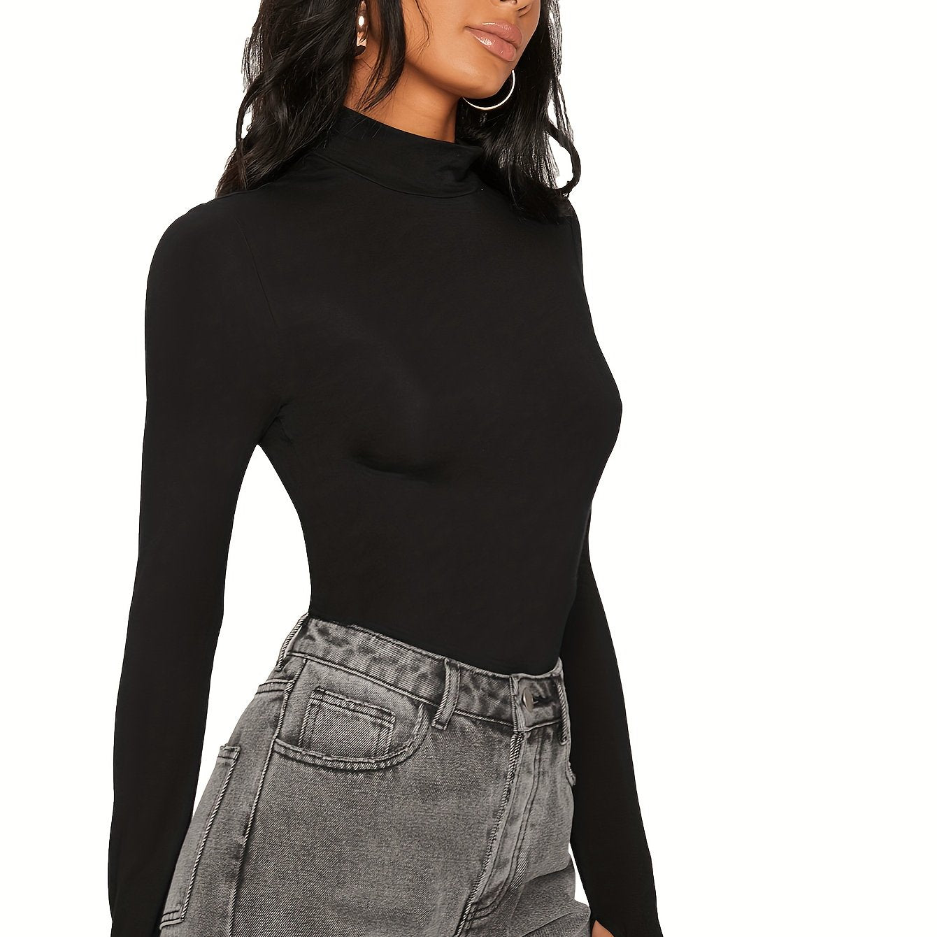 Women's Solid Knit Mock Neck T-Shirt Long Sleeve Casual Spring Fall