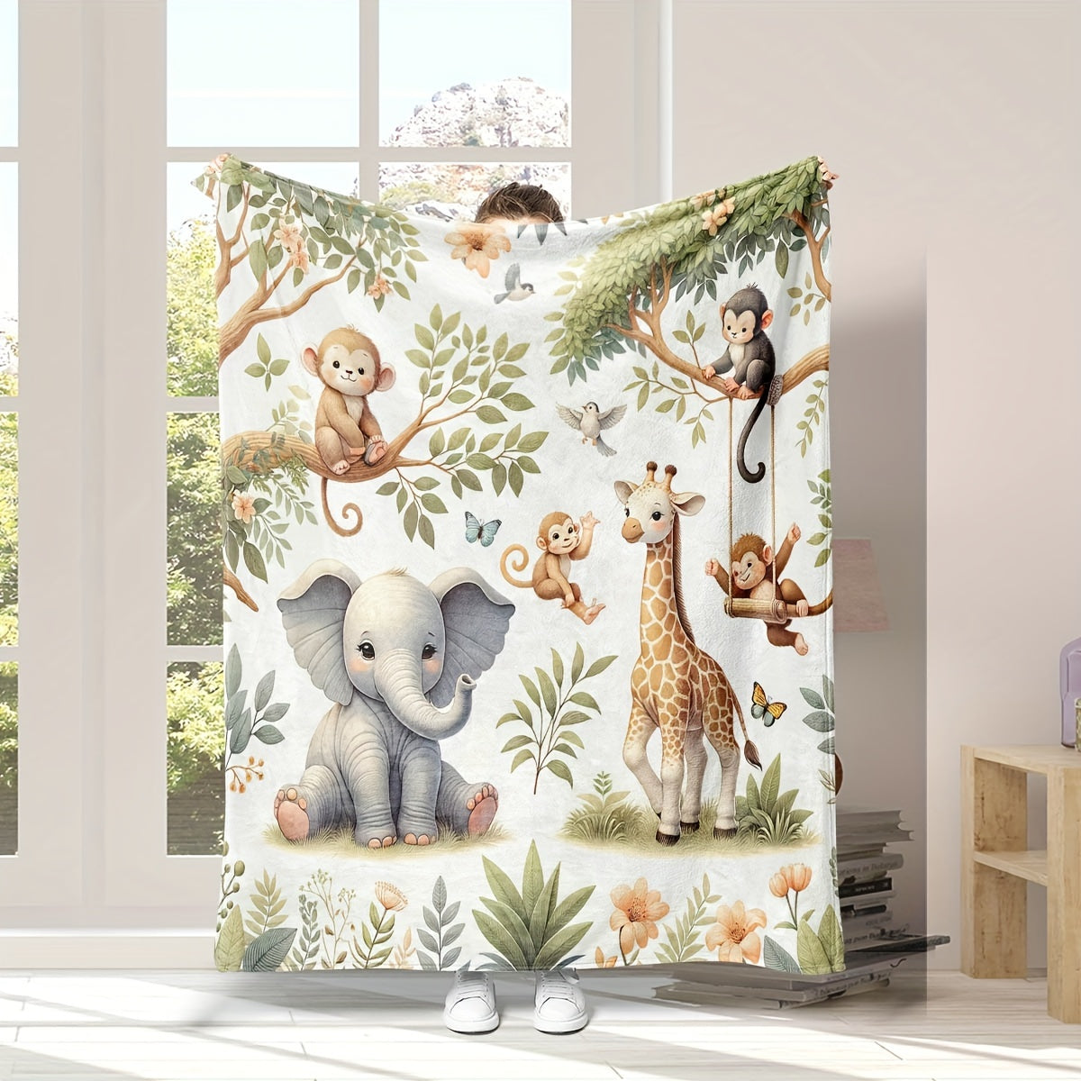 Soft Flannel Throw Blanket with Animal Designs Elephant Giraffe Monkey Cozy Plush for Couch Bed Travel