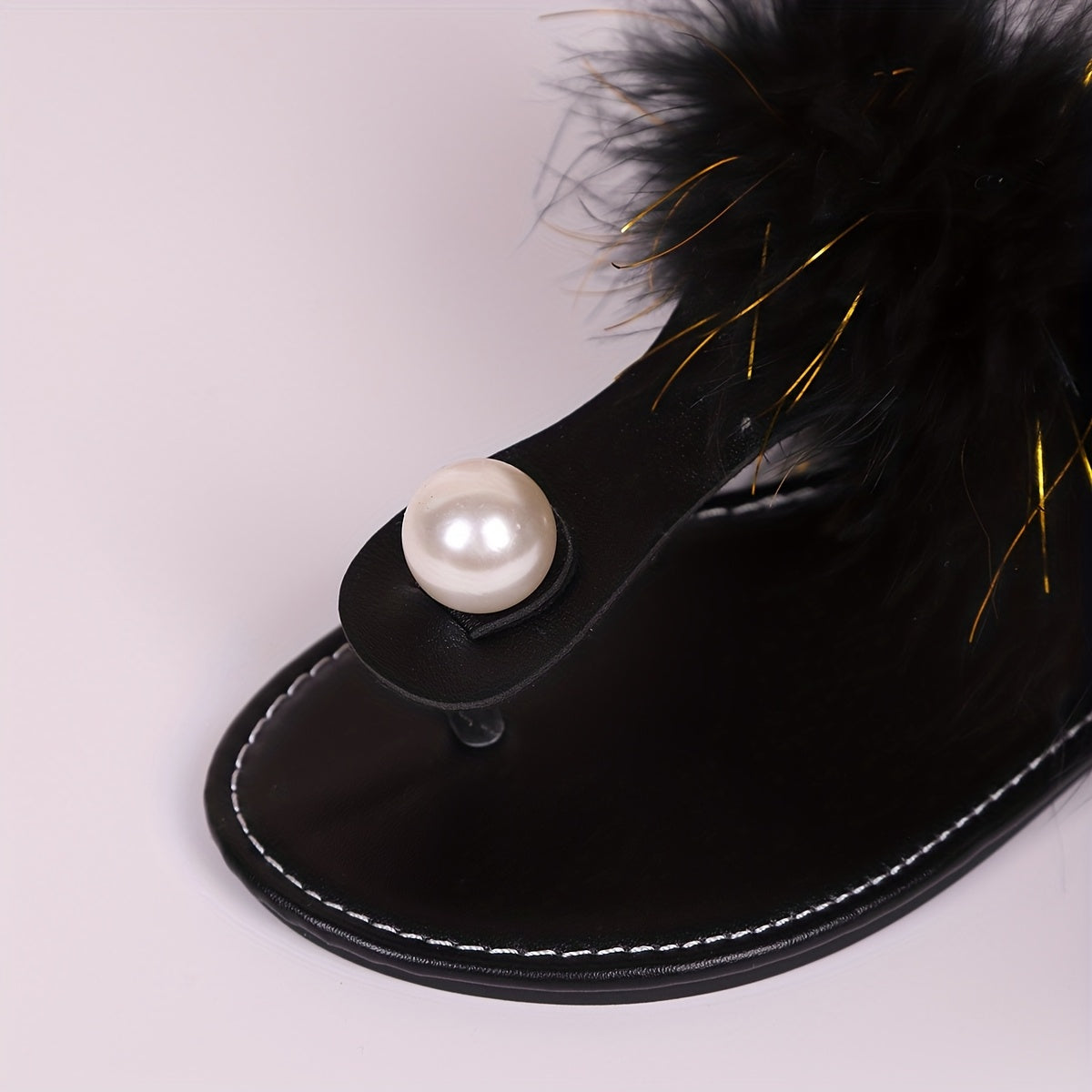 Women's Black Faux Fur Slip-On Flat Shoes with Pearl Accents
