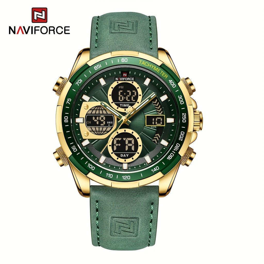 Men's Sports Quartz Watch Waterproof Leather Dual Display Chronograph Tachymeter Green Accents