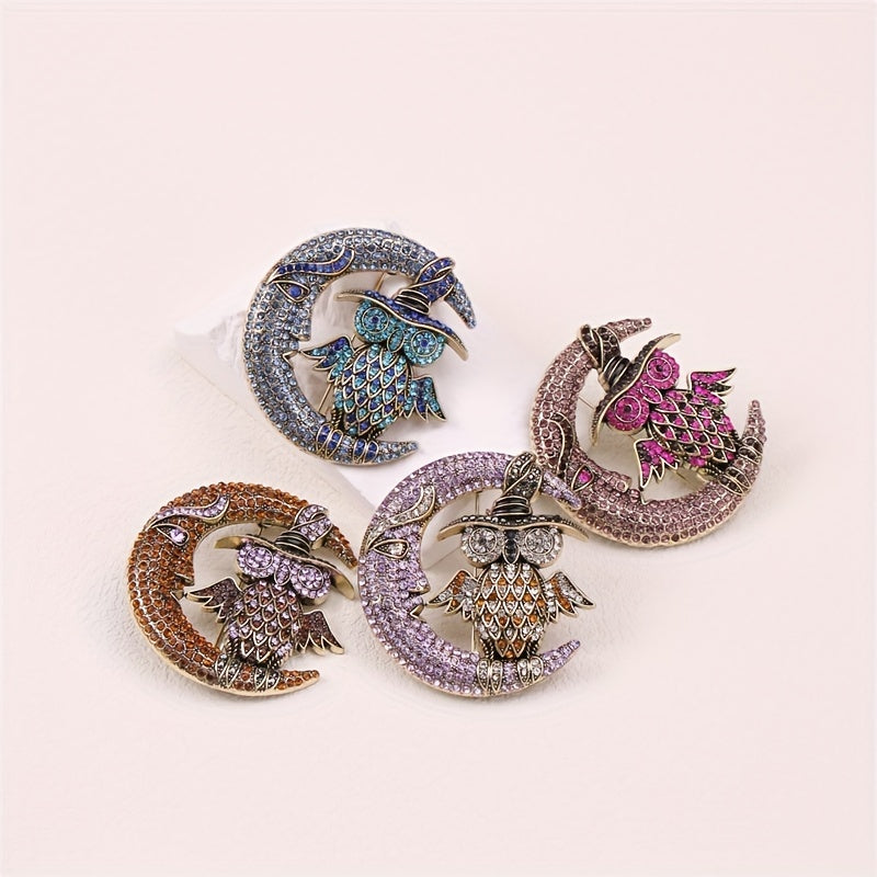 Vintage Medieval Colored Rhinestone Owl Moon Brooch Elegant Animal-Shaped Crystal Pin for Women