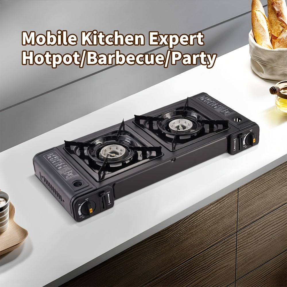 1 dona portativ kamping dual-bosh gaz pechka, sozlanadigan yong'ich bilan, 4600W quvvat, uy oshxona BBQ tashqi piknik barbekyu uchun