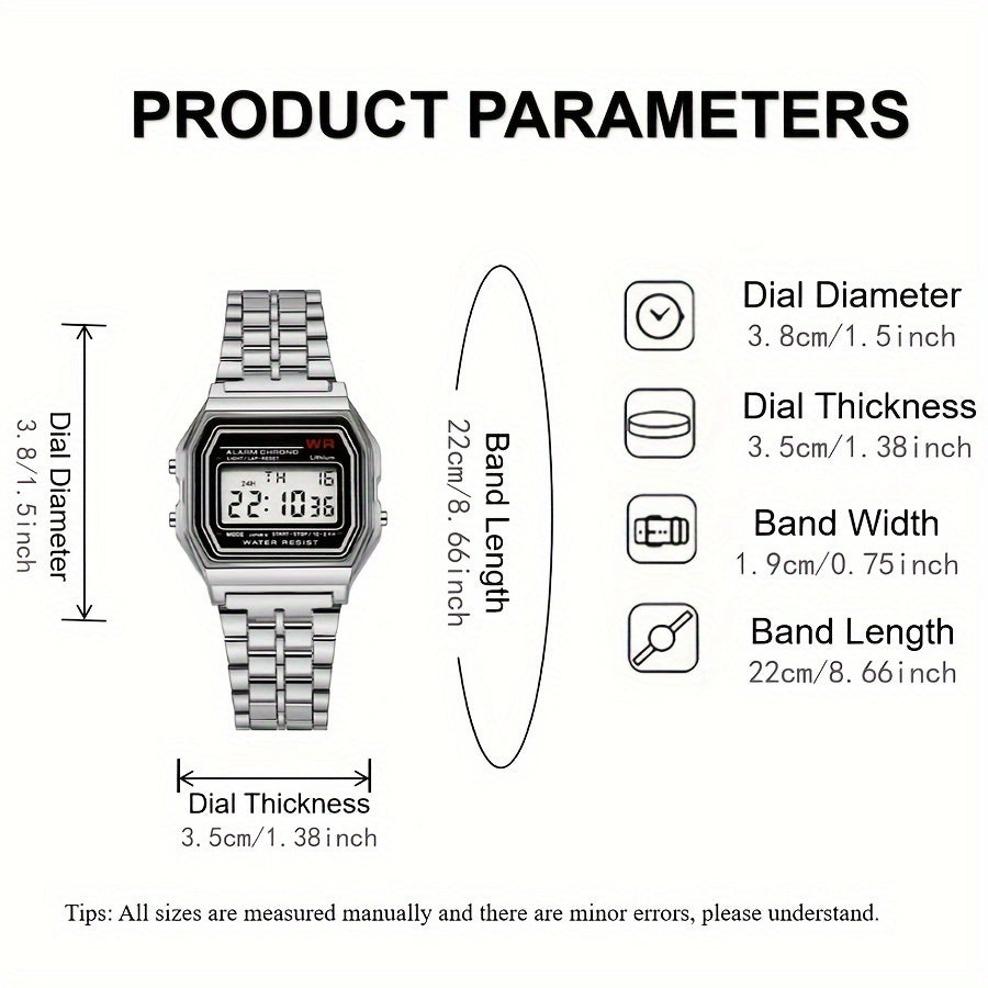 Men's Digital LED Watch Square Dial Water-Resistant Casual Hip-Hop Style