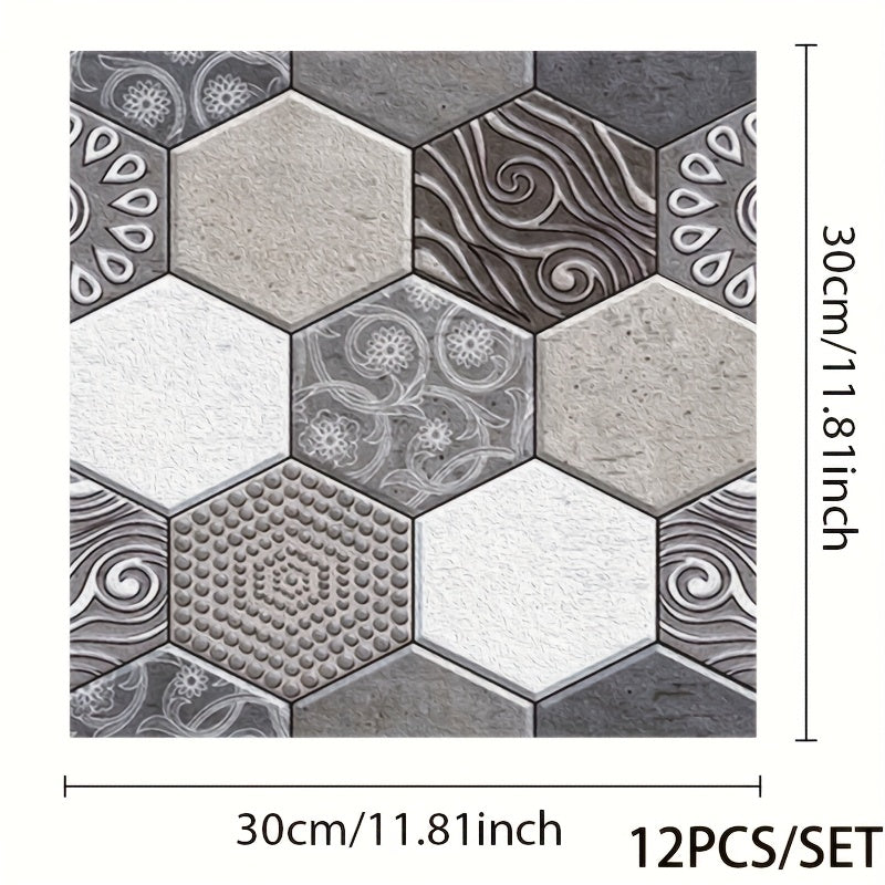 12 o'z-o'zini yopishtiradigan 3D devor paneli plitkalar, yashash xonasi va hammom uchun bezak, yaltiroq, suv o'tkazmaydigan