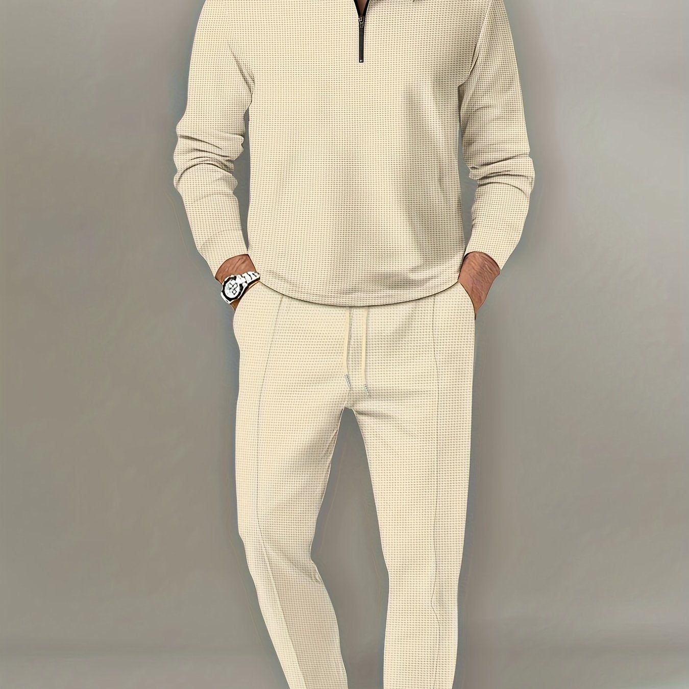 Men's Waffle Pattern Outfit Set V Neck Shirt and Sweatpants for Spring Fall