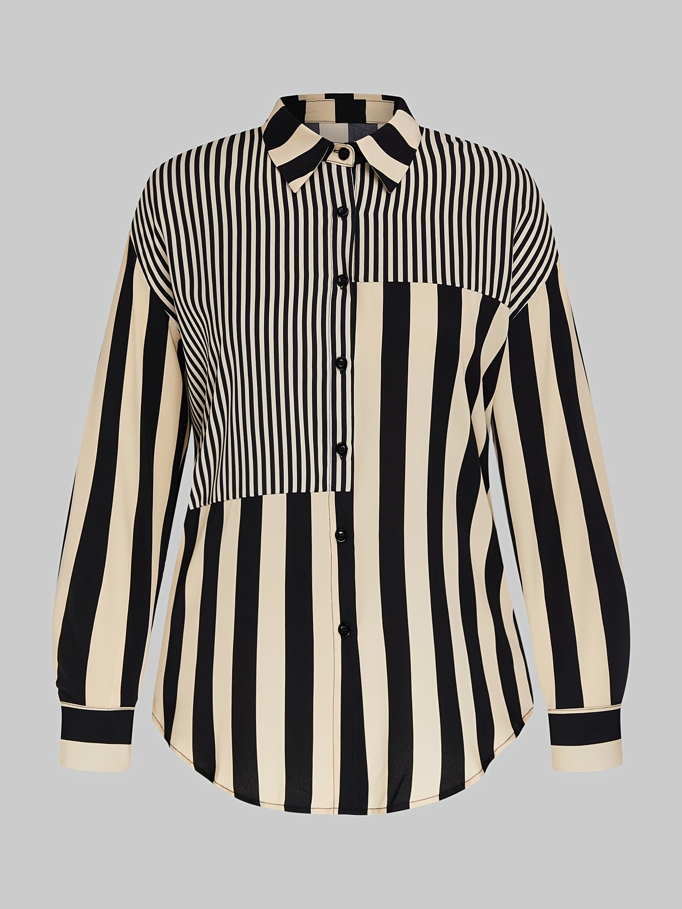 Plus Size Striped Colorblock Shirt Long Sleeve Button-Up Fall Casual