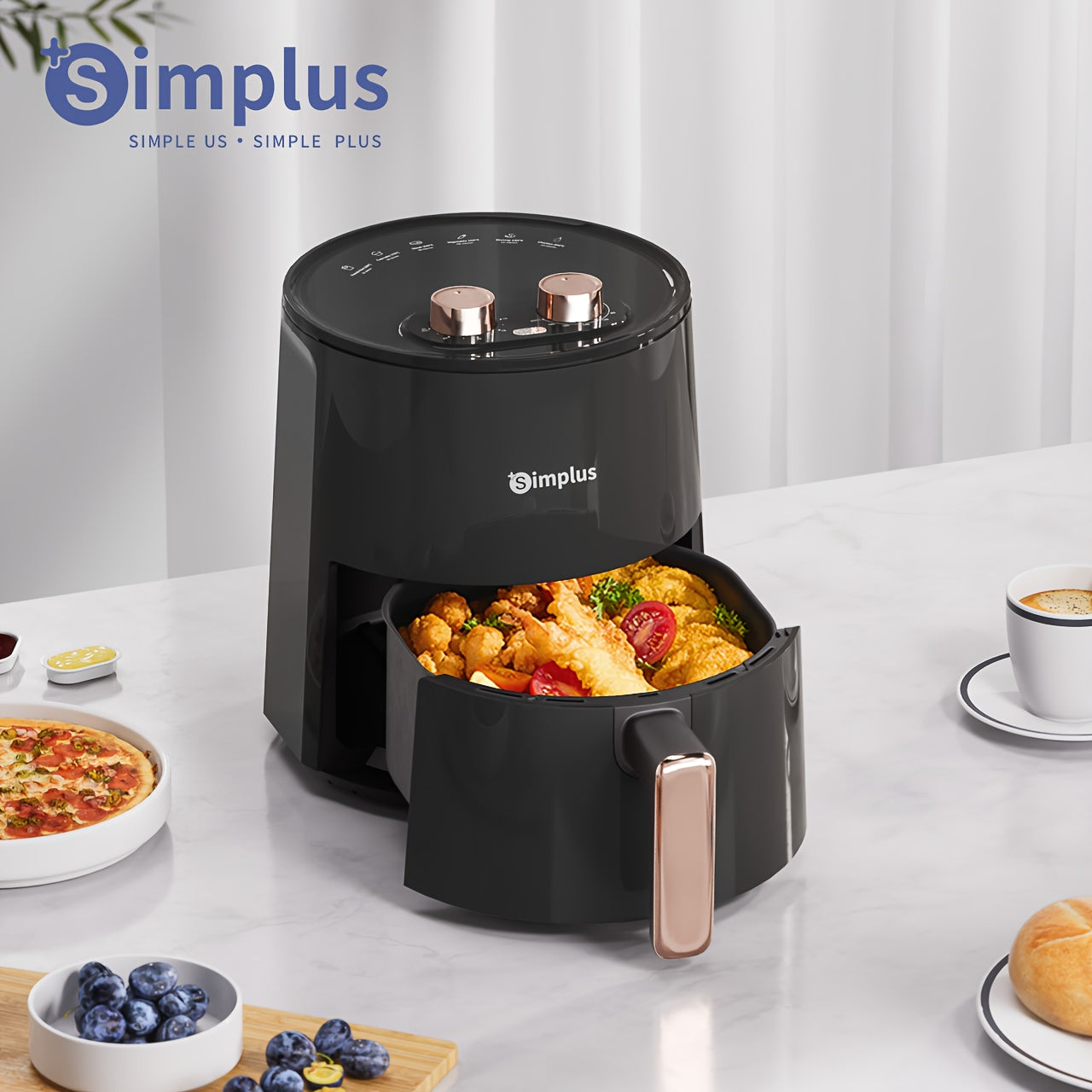 Simplus Mexanik Havo Qovurgich Britaniya Plugi bilan, 3.5L sig‘imi, 1350W yuqori quvvat, yog‘siz pishirish, Ikki nazorat vintlari, Avtomatik o‘chirish, 6 oldindan sozlangan menyu, 10 dona Havo Qovurish qog‘ozlari