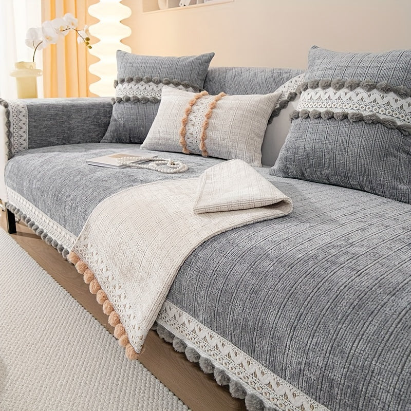 Зеленый чехол для дивана из шенилла с помпонами - водонепроницаемый и дружелюбный к домашним животным, подходит для всех размеров диванов (на 1-4 человека) - легкий в уходе, можно стирать в машине, с кисточками, идеален для любого декора комнаты