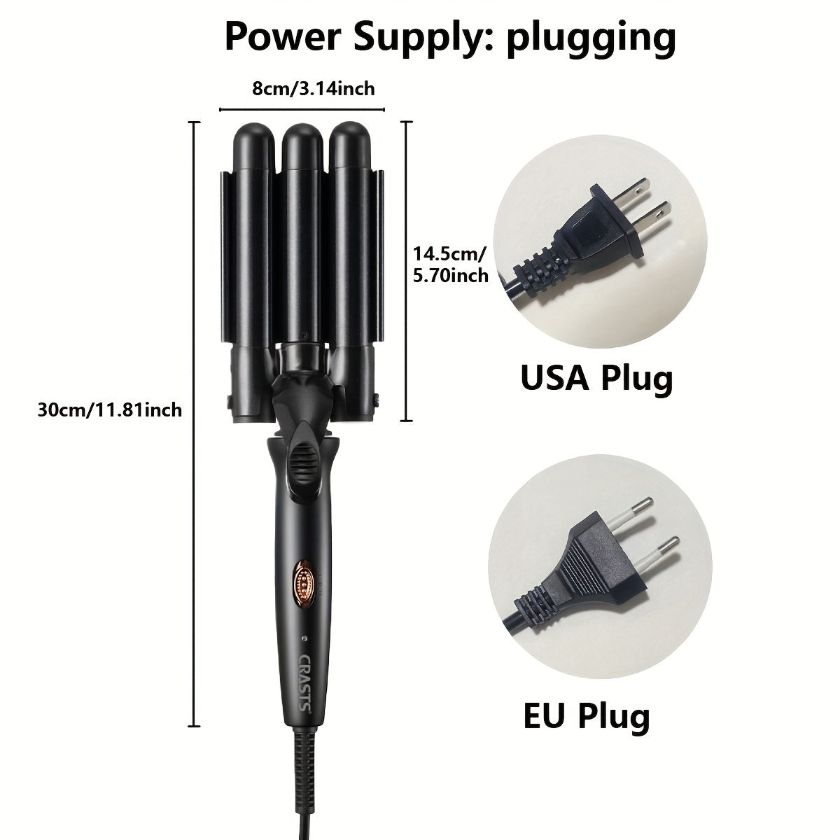 Unisex Electric Curling Iron 25mm Three-Barrel Water Wave Texture Temperature Control Black