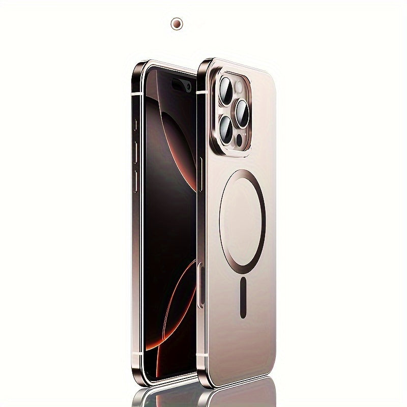 iPhone 16 Pro Max Case Stainless Steel Frame Magnetic Wireless Charging Frosted PC Back Cover