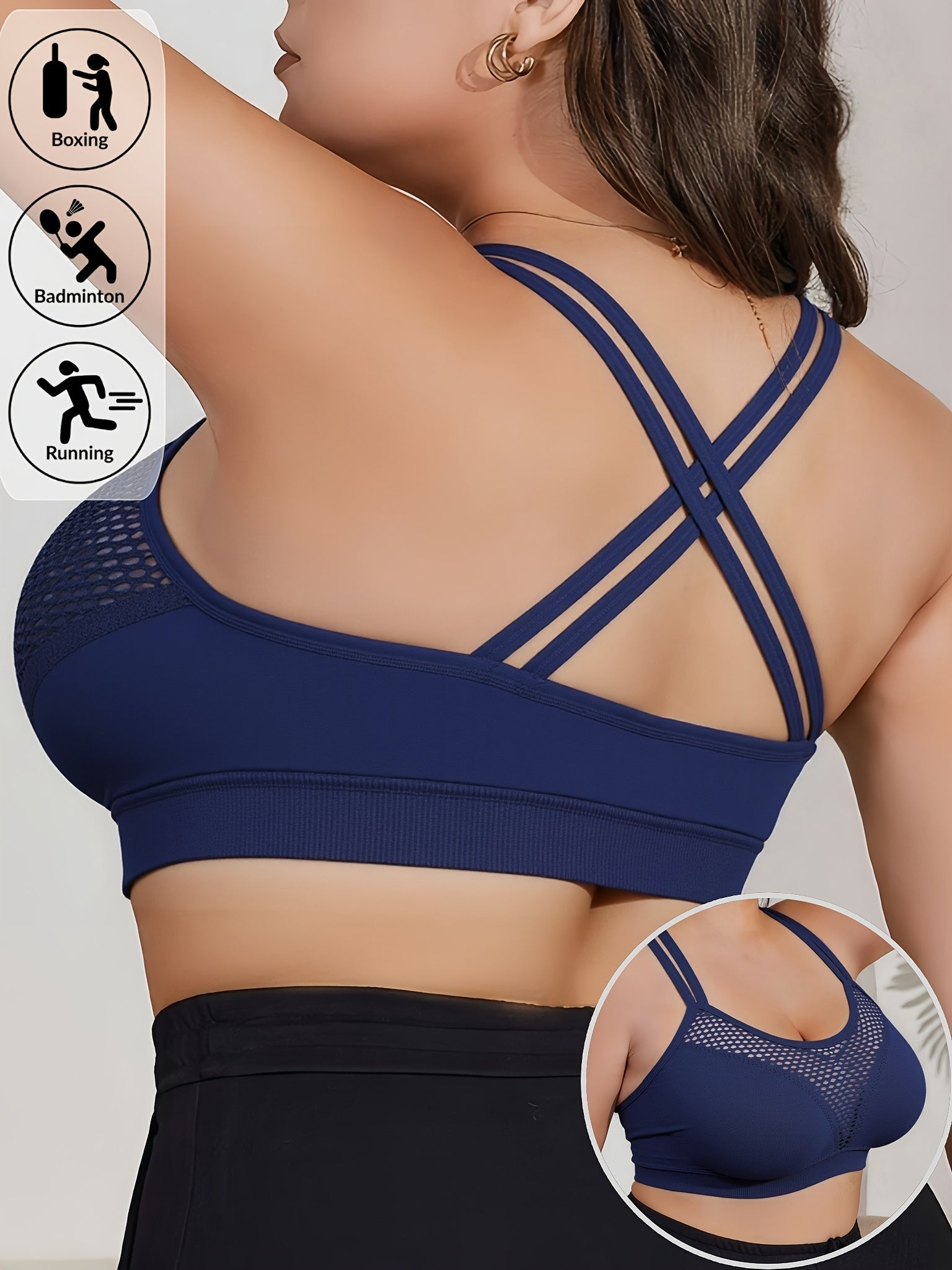 Plus Size Women's Sports Bra Adjustable Straps Mesh Front Removable Pads Workout Fitness