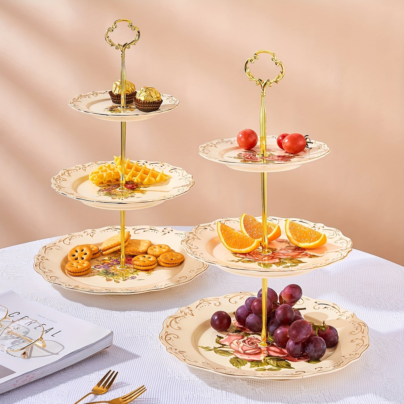 European-Style 3-Tier Ceramic Dessert Stand with Embossed Flower Design