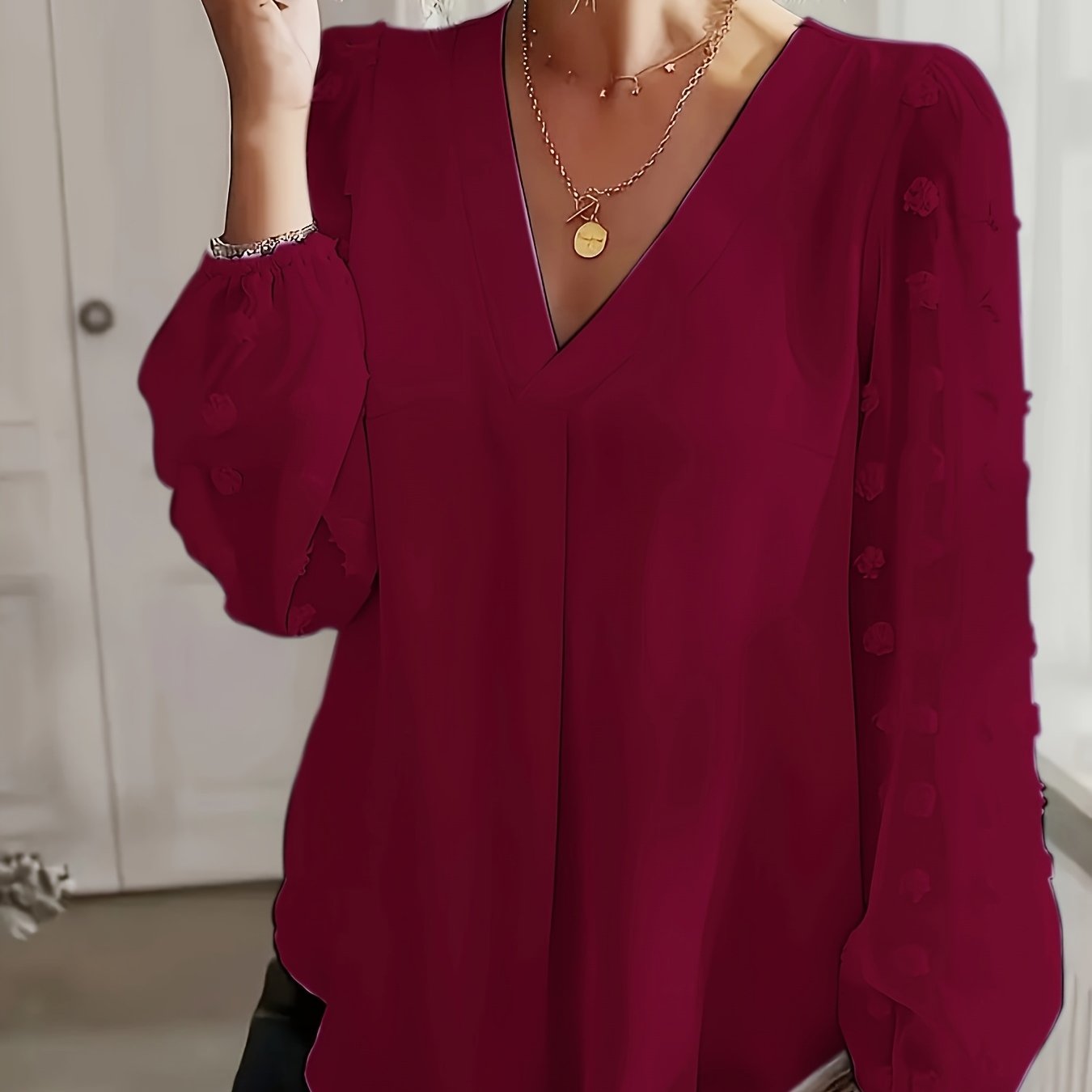 Women's V-Neck Shirt with Pom Pom Details Plus Size Long Sleeve Polyester