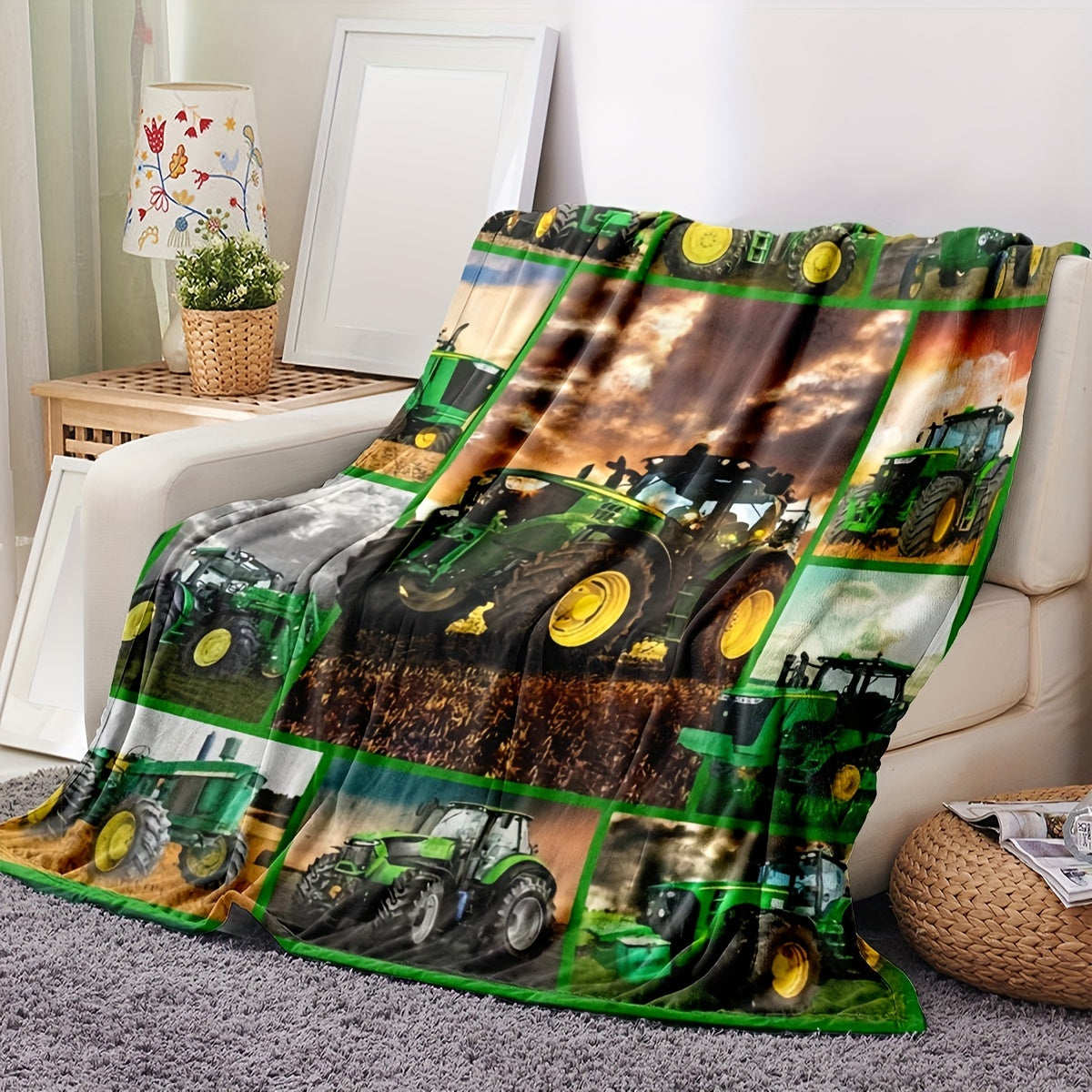 Flannel Farm Tractor Printed Blanket Shawl - Soft and Skin-Friendly Throw Blanket for Casual Sofa Use or Nap Time, Perfect as a Multi-Purpose Gift Blanket.