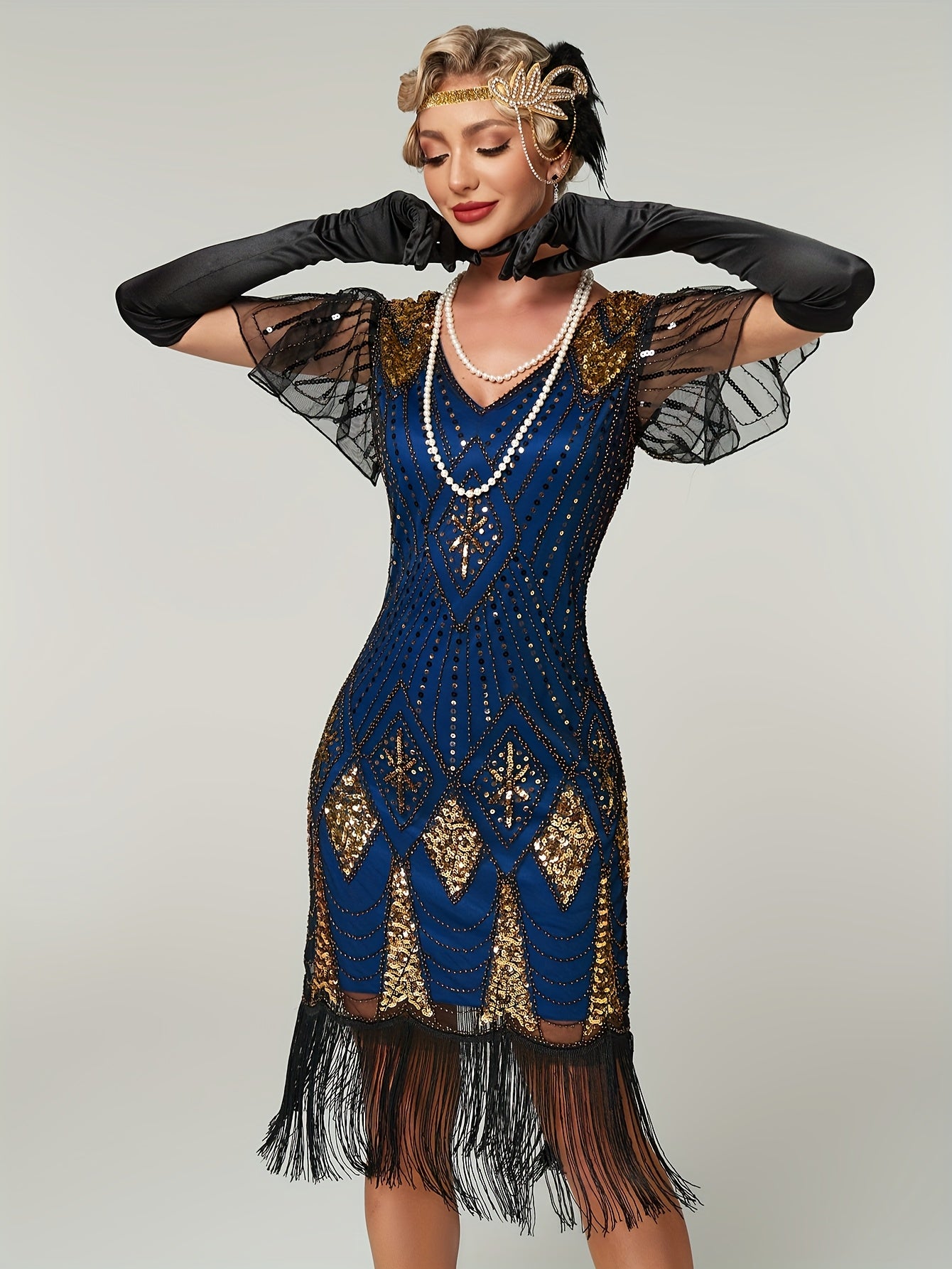 Women's Sequin Fringe Flapper Dress V-Neck Cocktail Gown Evening Wear
