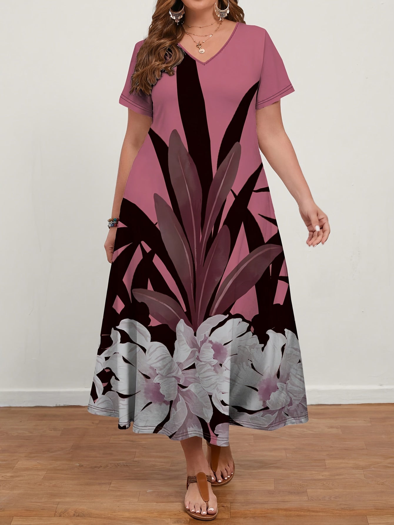 Plus Size V-Neck Dress with Plant Print Polyester Blend for Spring and Summer