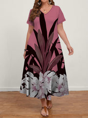 Plus Size V-Neck Dress with Plant Print Polyester Blend for Spring and Summer