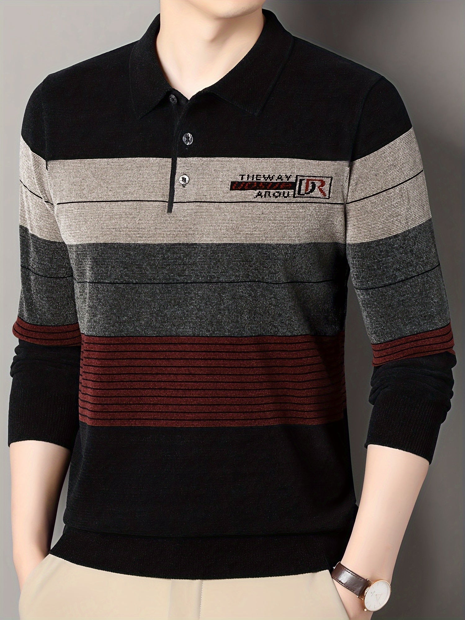 Men's Striped Knit Sweater Fall Winter Long Sleeve Pullover with Button Details