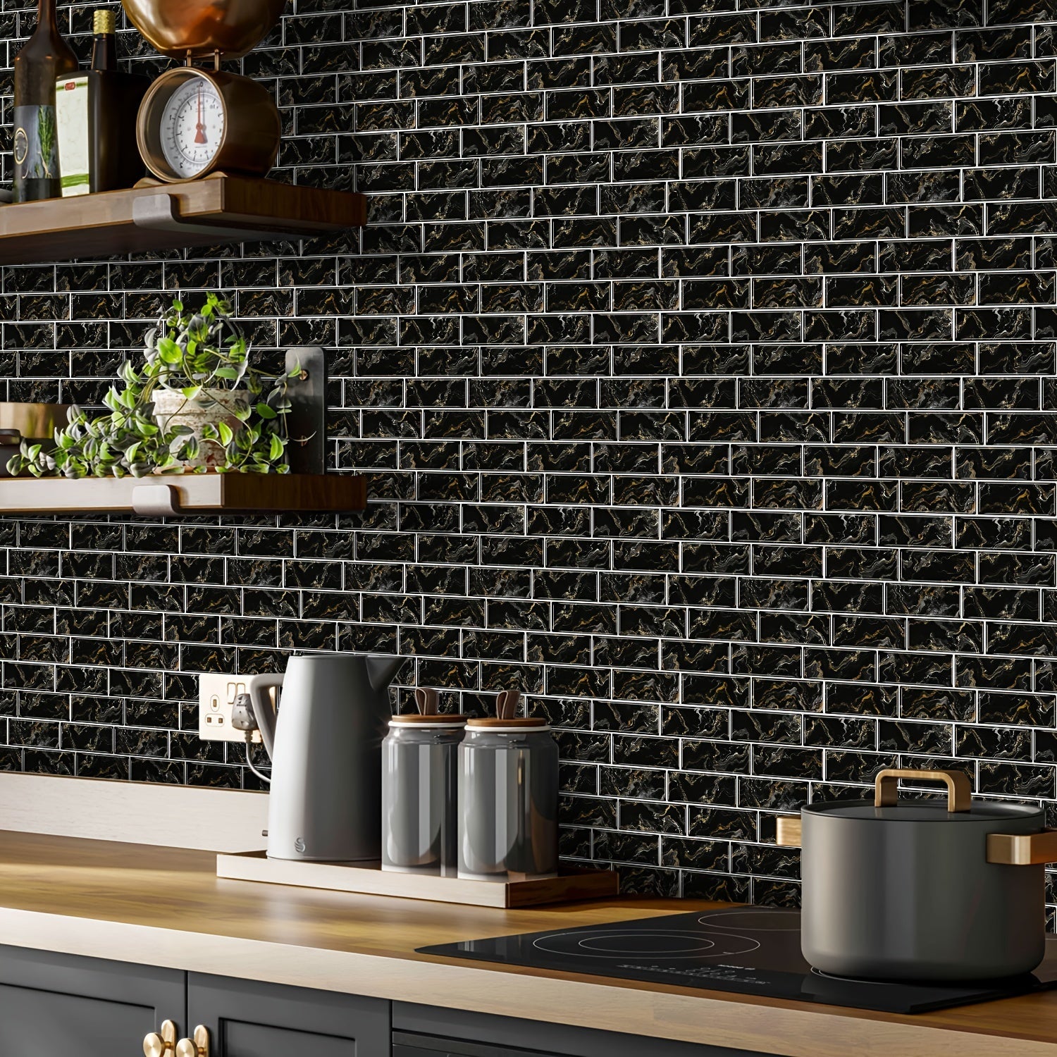 12 Pieces Black and Gold Quicksand Brick Pattern Mosaic Wall Tile Stickers 30.48cm x 30.48cm Waterproof Self-Adhesive