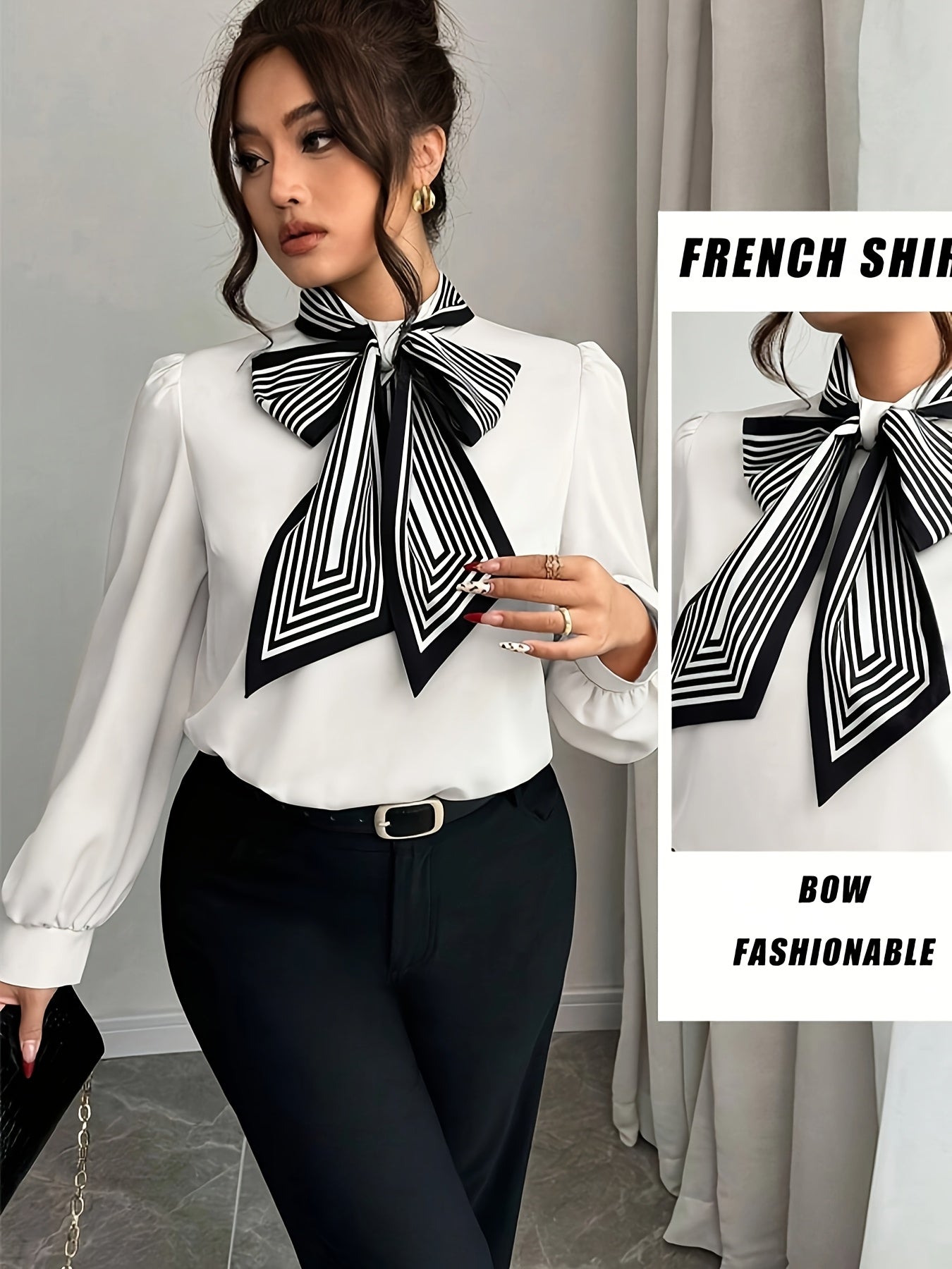 Women's Long Sleeve White Shirt With Bow Tie Spring Autumn Fashion