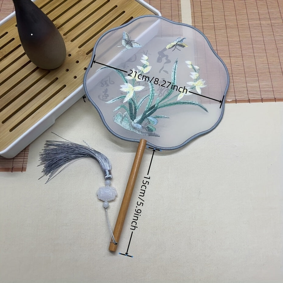 Embroidered Chinese-Style Handheld Fan with Wooden Handle for Dance and Crafts