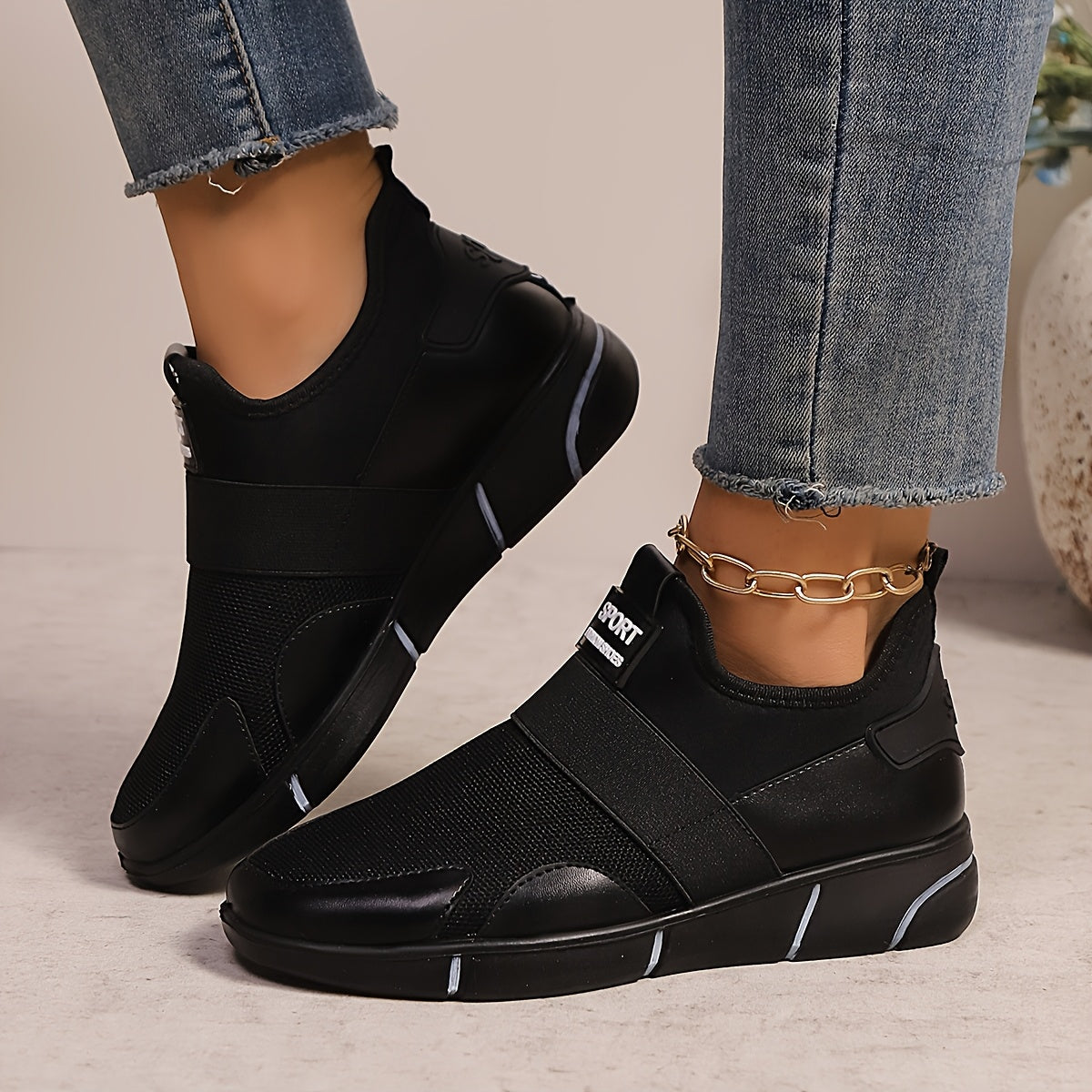 Women's Slip-On Sneakers Lightweight Knit Breathable Casual Shoes Black Gold