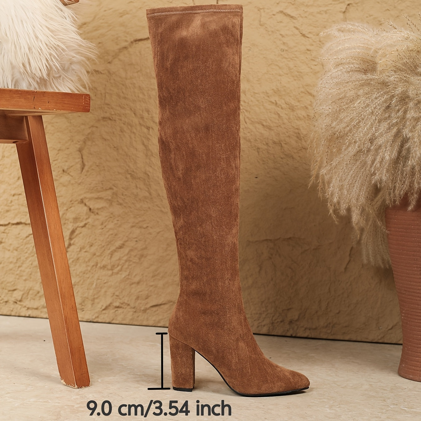 Women's Velvet Over-the-Knee Boots with Chunky Heel and Pointed Toe